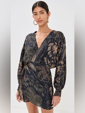 FARM Rio Golden Foliage Black Mini Puffy Sleeve Dress